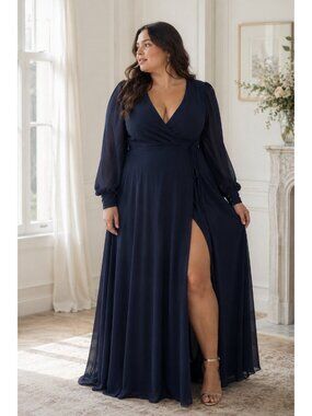 Lulus My Whole Heart Maxi Wrap Dress SZ 2X Navy Blue Long Sleeve Chiffon Gown